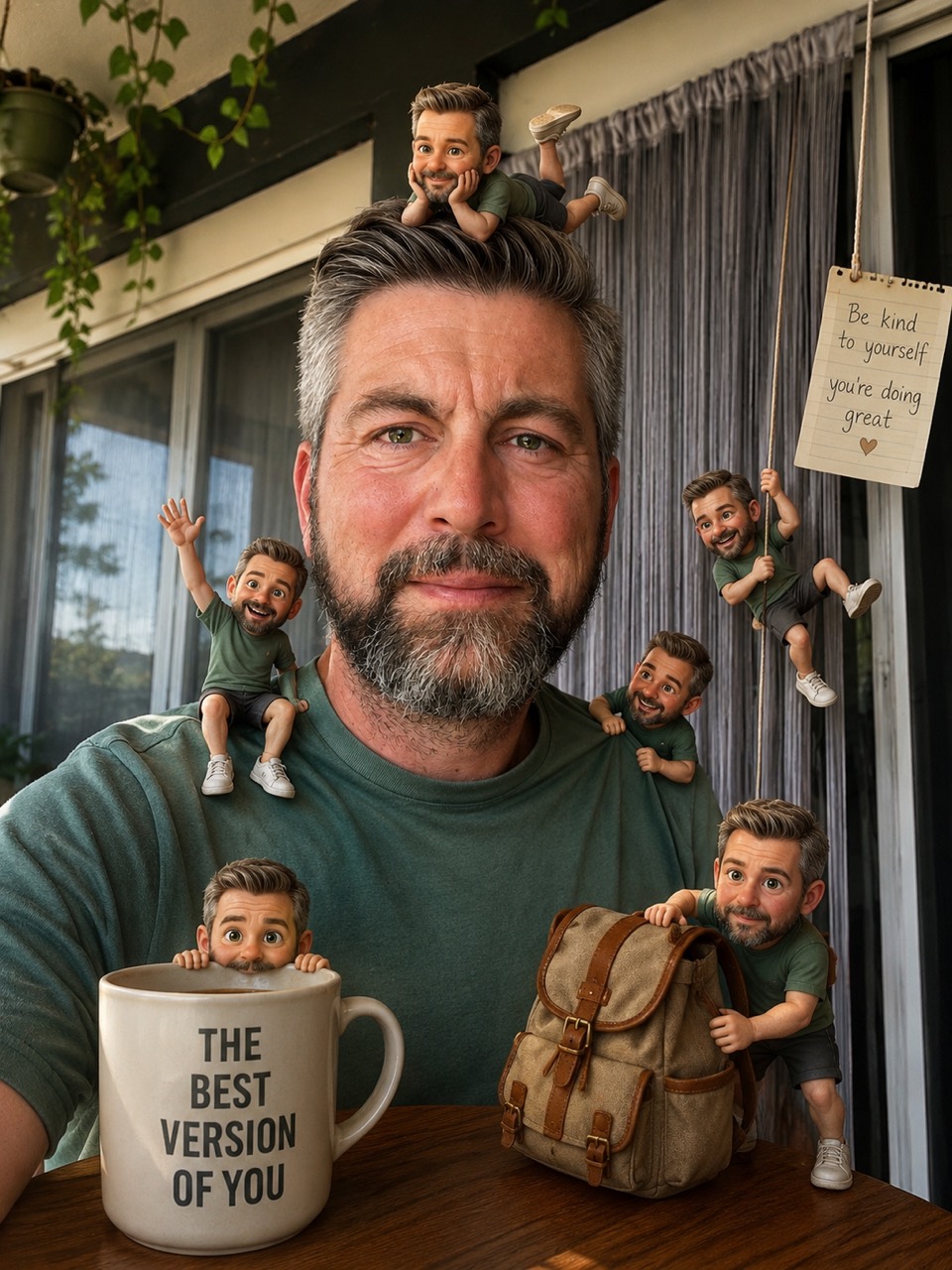 A playful AI portrait of Al Elliott surrounded by miniature versions of himself